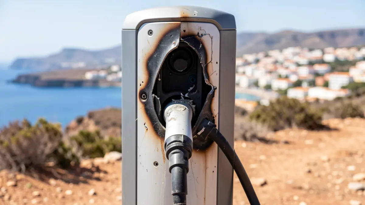Damaged electric vehicle charging point due to vandalism in Fuerteventura.