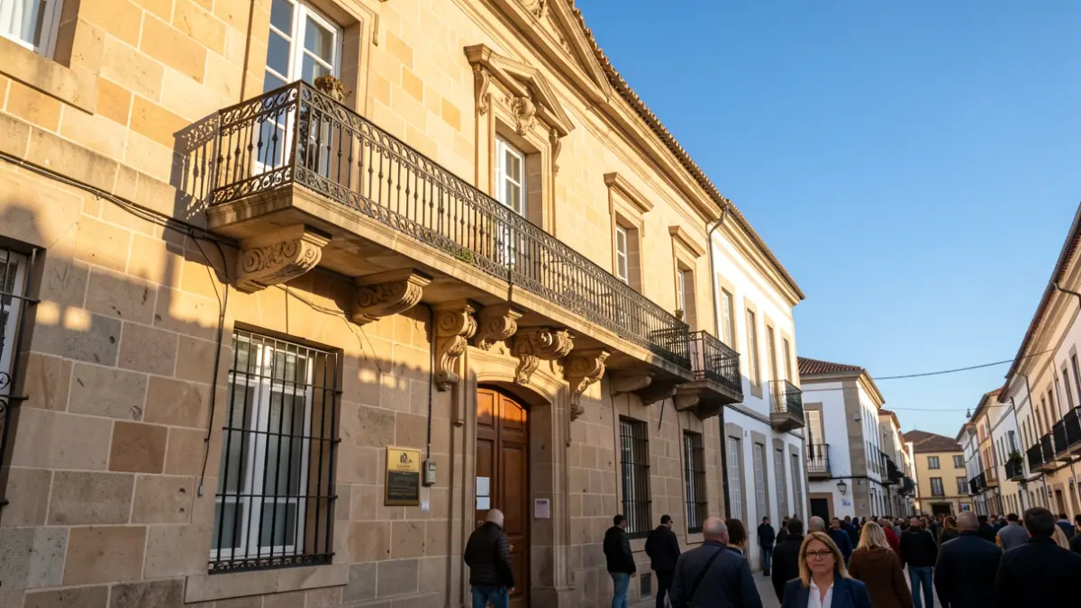 Facade of a Canarian town hall with balcony and iron railings, warm afternoon light.
