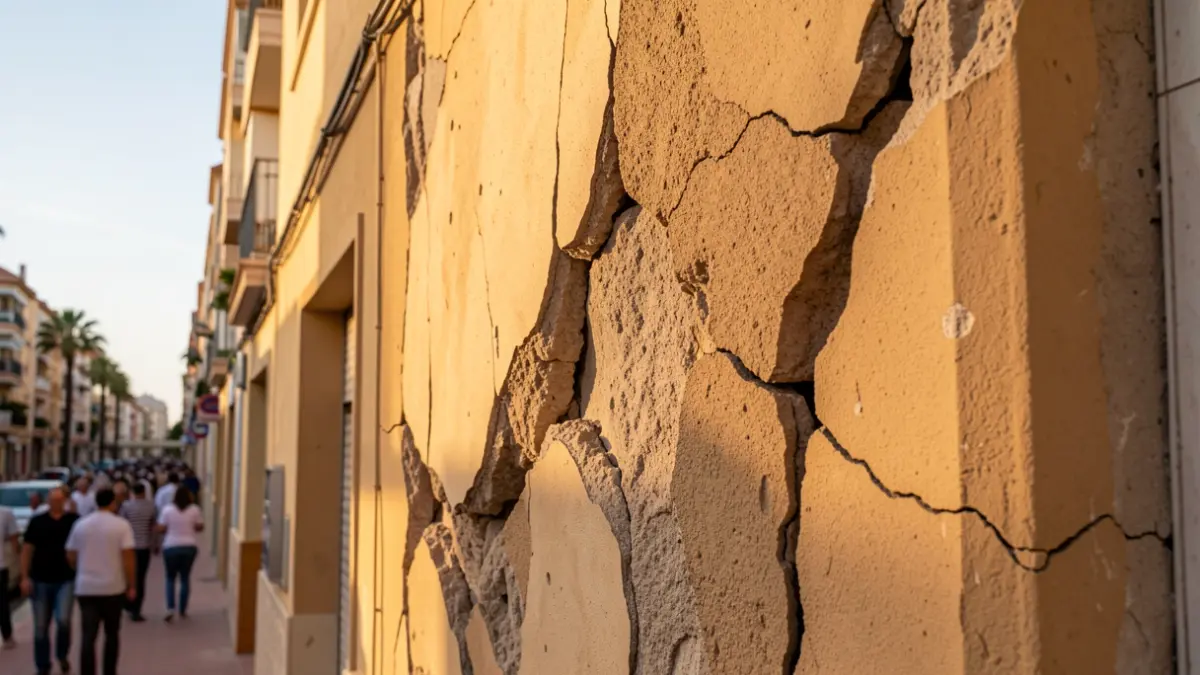 Imagen de grietas y deformaciones en la fachada de un edificio residencial en Las Palmas de Gran Canaria.