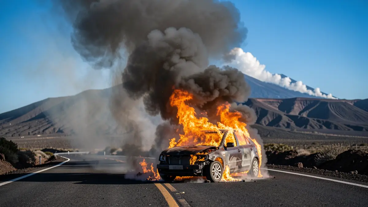 Image of a car on fire in Playa Paraiso, Tenerife.