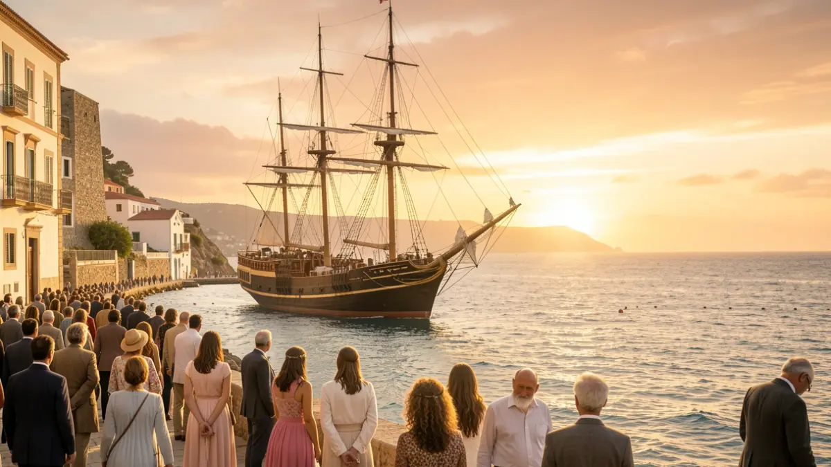 Symbolic image of an emigrant ship sailing towards a hopeful horizon, with Canary Islands architecture in the background.