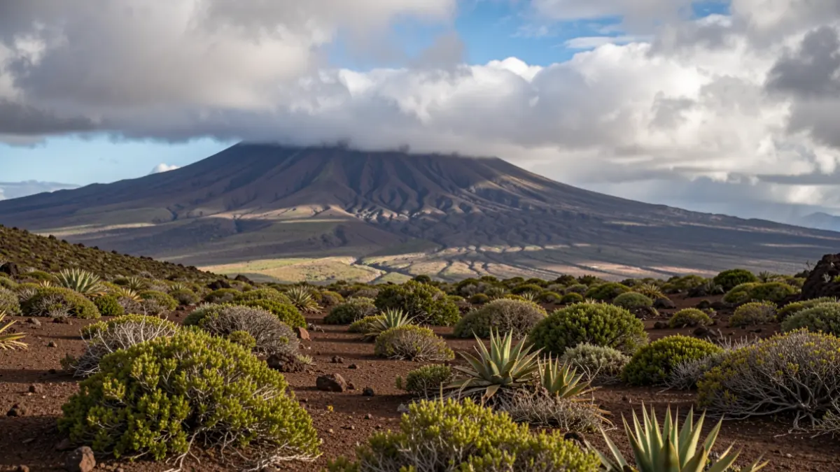 Canarias volcanic landscape with Mount Teide and subtropical vegetation under a stormy sky.