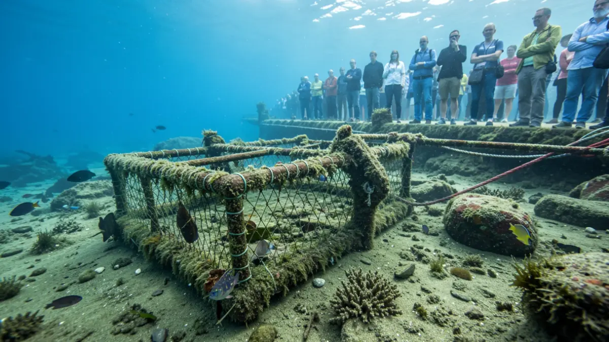 Imagen de detalle de una jaula de acuicultura sumergida en el fondo marino.