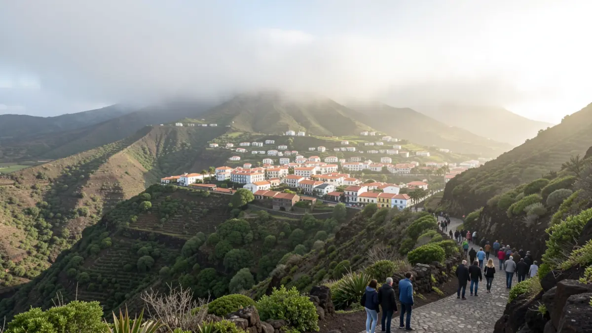 Generic image of a foggy sunrise in a town on La Palma, with volcanic vegetation and diffused light.