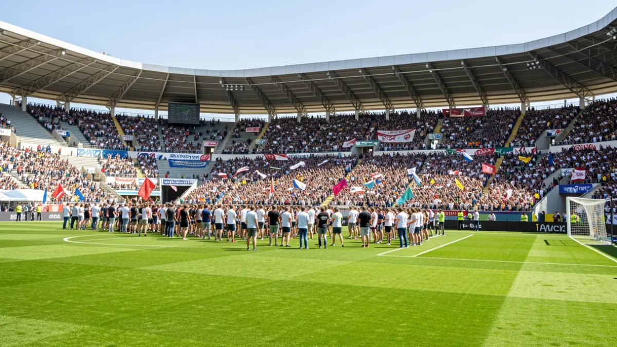Imagen del Estadio de Gran Canaria con público en el césped y gradas.