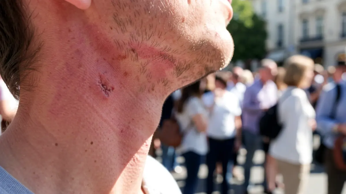 Close-up of sunburnt neck and ears, with a blurred crowd and bright sunlight in the background. Focus on skin damage.