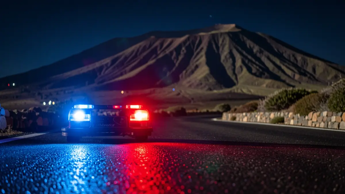 Imagen genérica de luces de emergencia policiales reflejándose en el asfalto mojado por la noche.