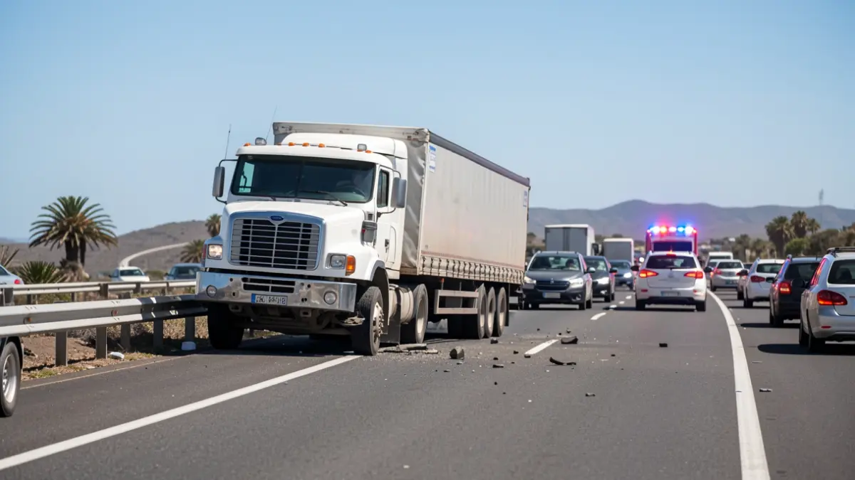 Imagen de un camión volcado en la autopista TF-1 en Tenerife, provocando retenciones.