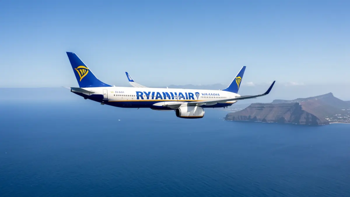 Avión de Ryanair volando hacia Tenerife.