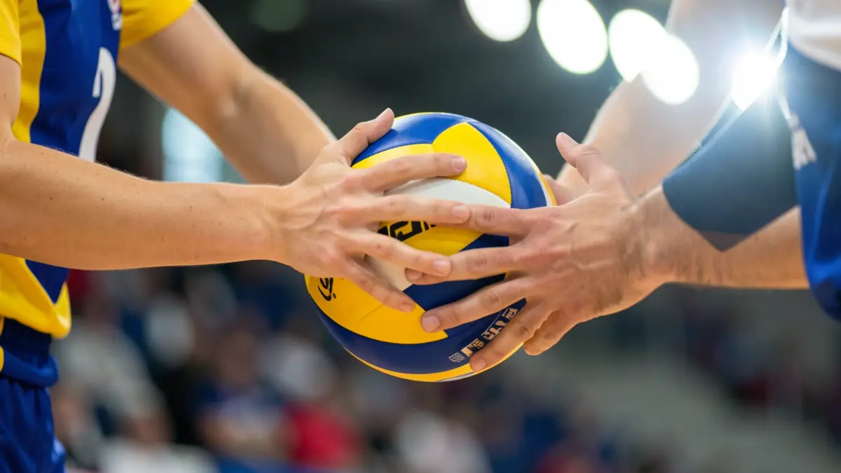 Jugador de voleibol con uniforme amarillo y azul sujetando un balón.
