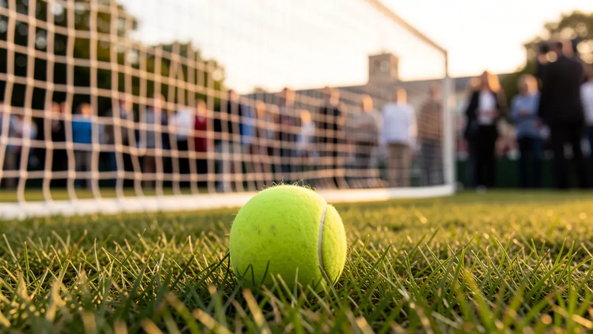 Close-up of a tennis ball on freshly cut grass, with the Wimbledon net blurred in the background.