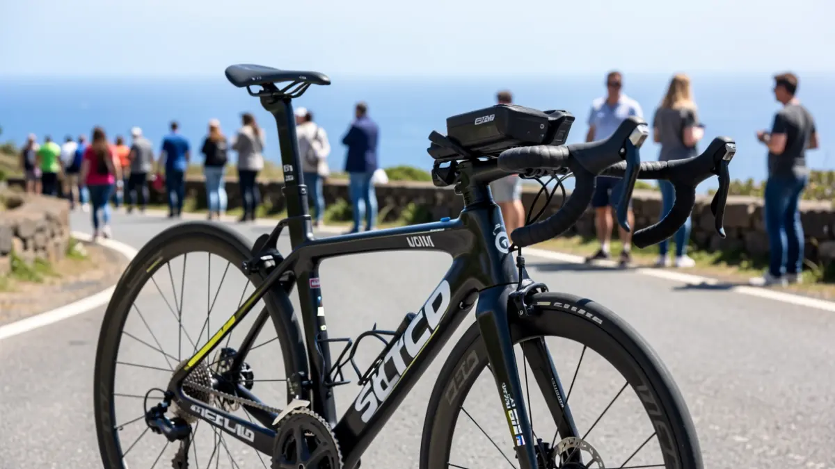 Image of a triathlon bicycle on a coastal road in La Gomera.