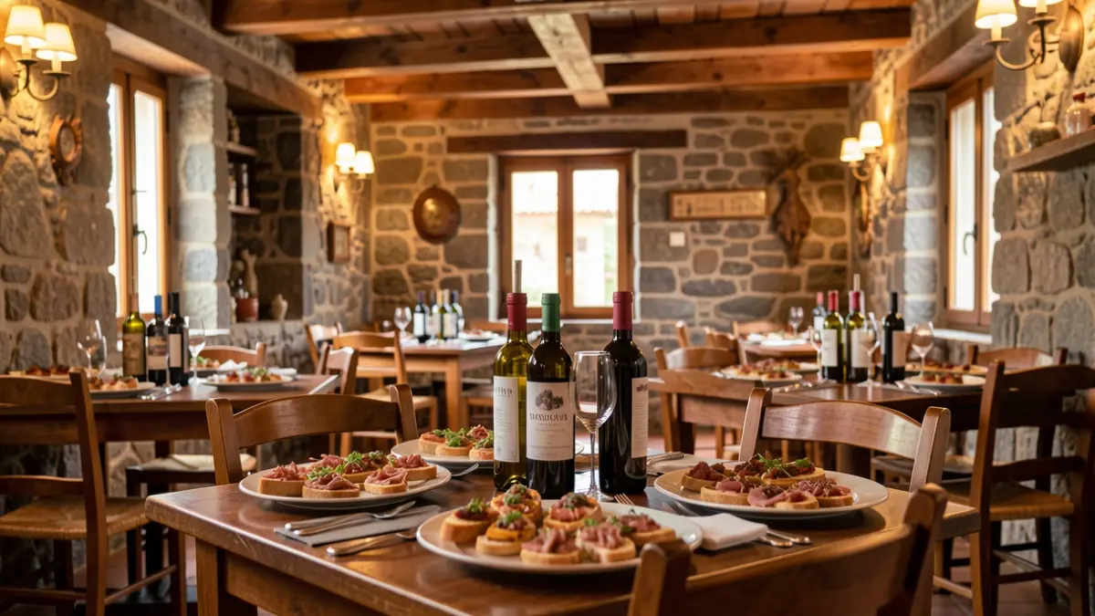 Interior de una tasca tradicional canaria con mesas de tapas y botellas de vino.