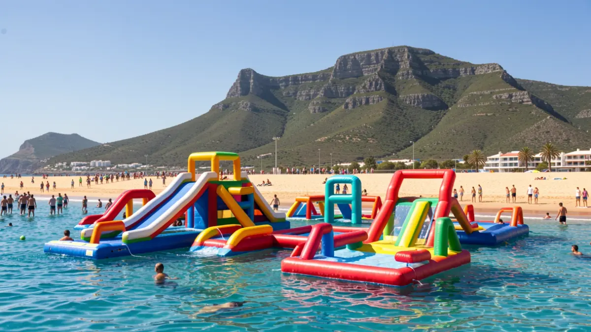 Parque acuático inflable en la playa de Las Teresitas, Santa Cruz de Tenerife, con montañas de Anaga al fondo.