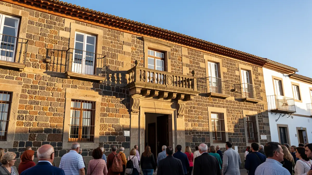 Fachada de un ayuntamiento canario tradicional con balcón de piedra y barandillas de hierro, bajo la luz cálida de la tarde.