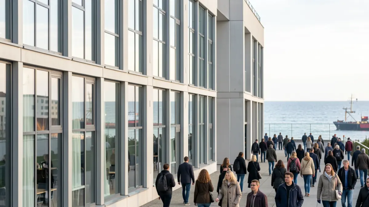 Imagen genérica de un edificio de alojamiento para estudiantes con elementos marítimos.