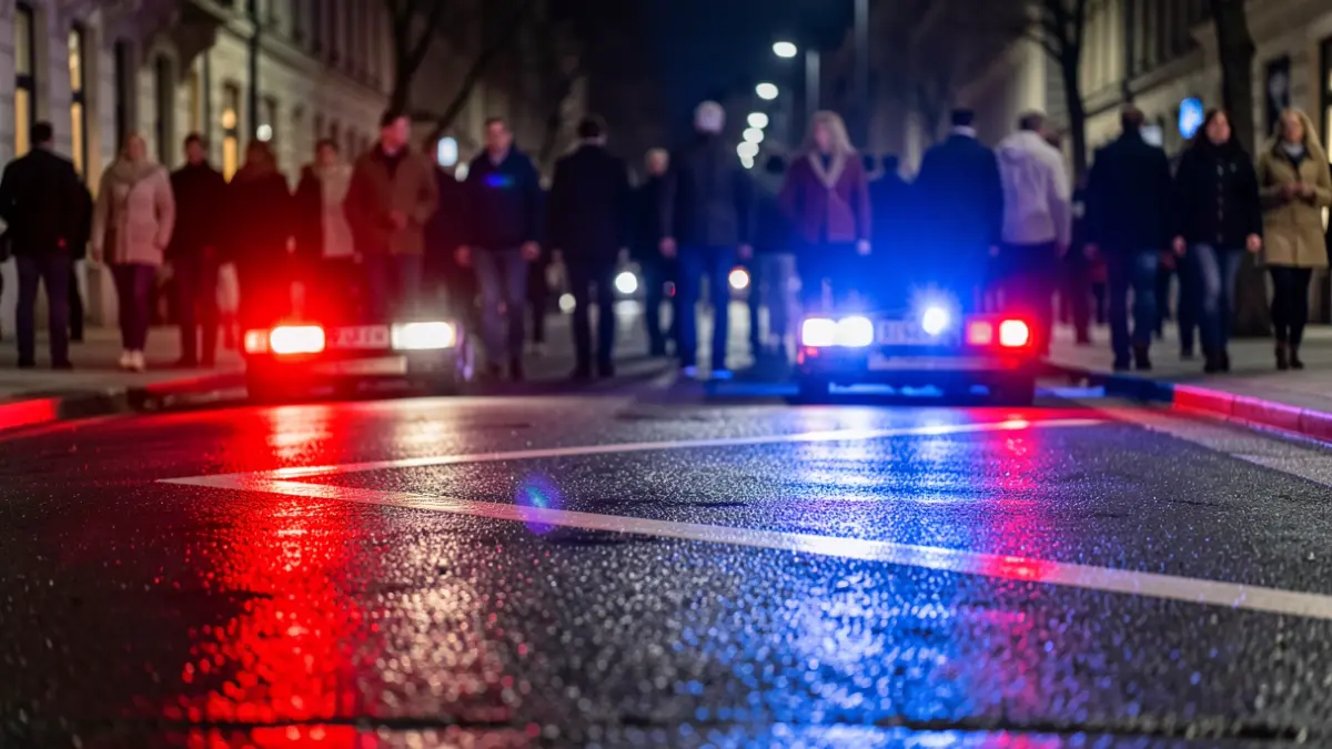 Imagen genérica de luces de emergencia policiales reflejándose en asfalto mojado por la noche.