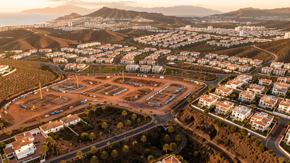 Aerial view of a new residential development in Adeje, Tenerife, showing housing areas and construction.