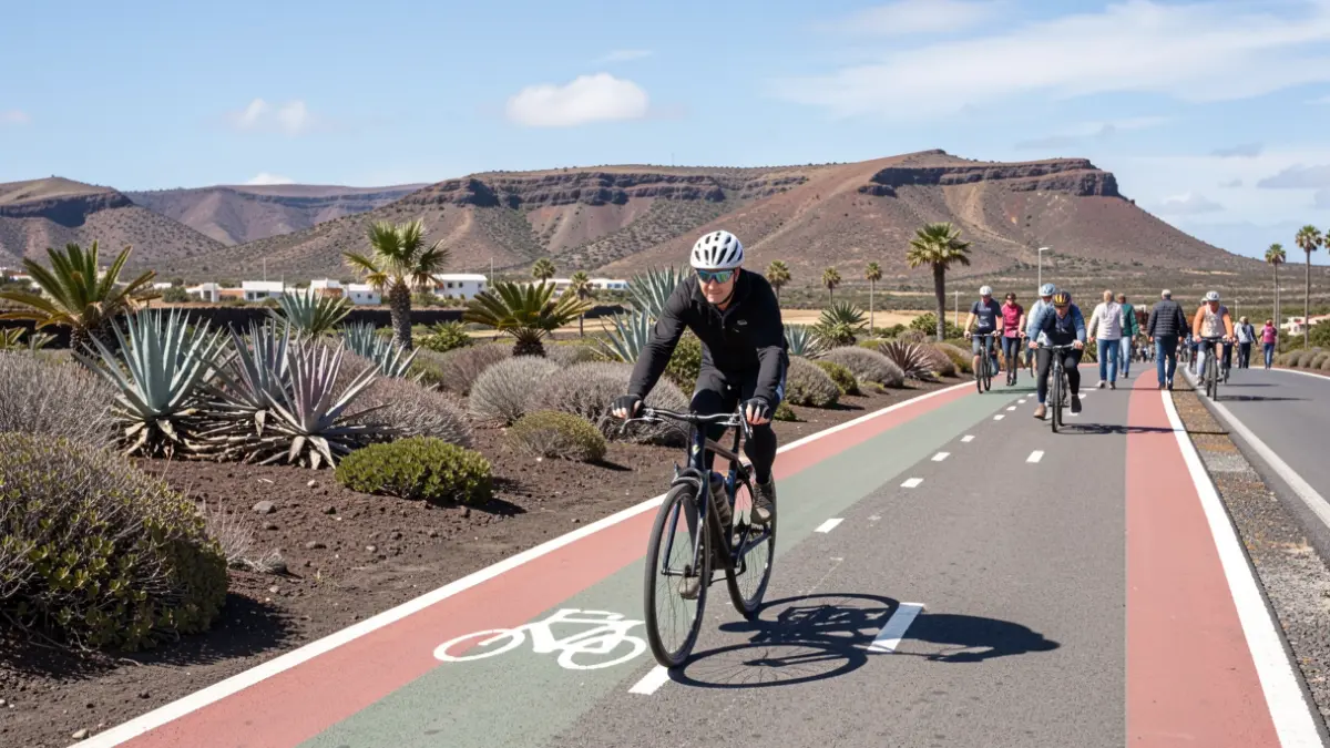Ciclista circulando por un carril bici en Tenerife, separado de la carretera.