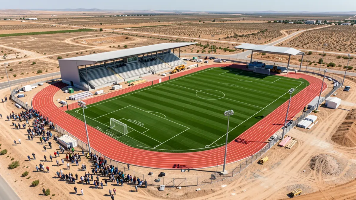 Aerial view of the Antigua Sports City under construction, showing the football pitch and athletics track.