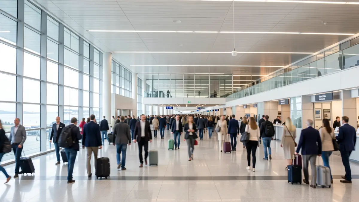 Imagen genérica de un interior de aeropuerto moderno con pasajeros borrosos.