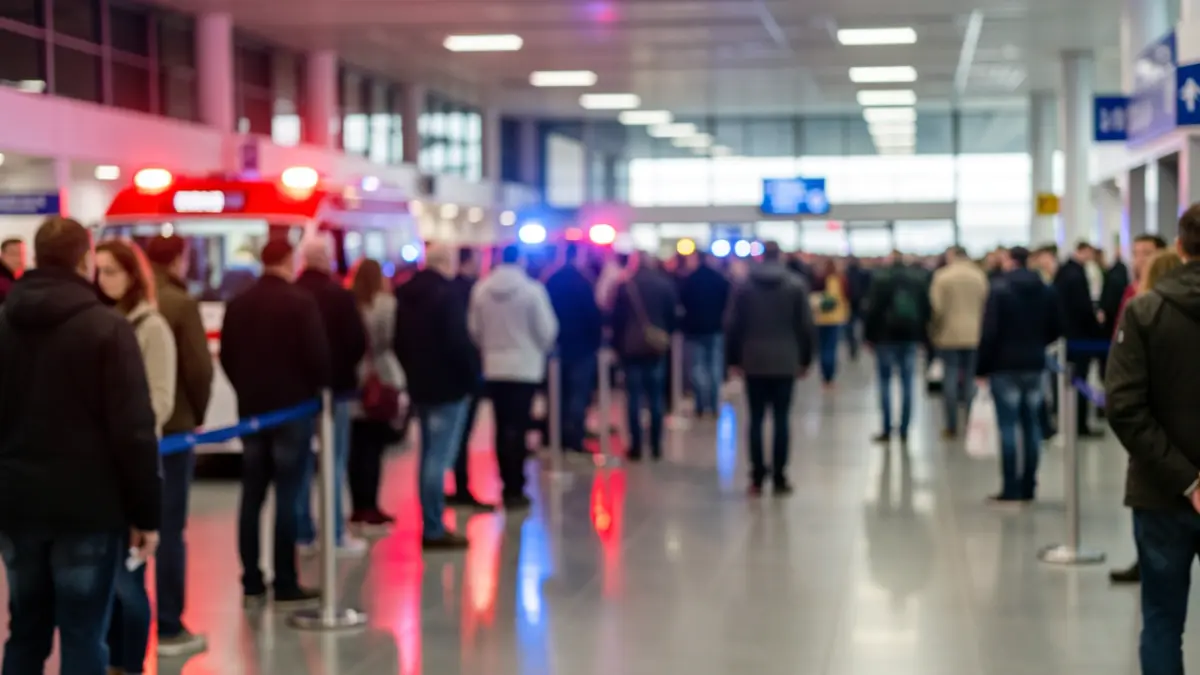 Imagen genérica de colas en un control de pasaportes de aeropuerto con luces de emergencia.