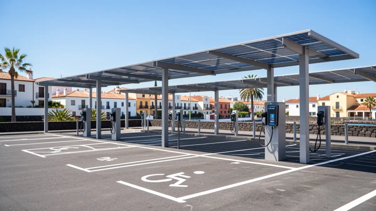 Imagen del renovado aparcamiento Los Chorros en Agaete, con plazas para vehículos eléctricos y pérgolas fotovoltaicas.