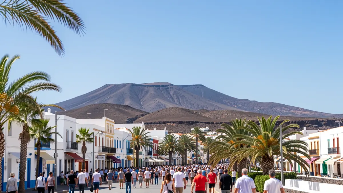 Cielo soleado sobre el pueblo de Agaete, Gran Canaria, con brisa suave y paisaje volcánico al fondo.