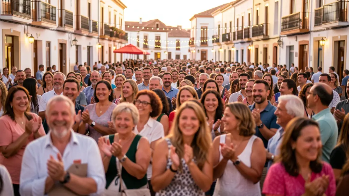 Generic image of a festive town square in Canarias with people clapping.