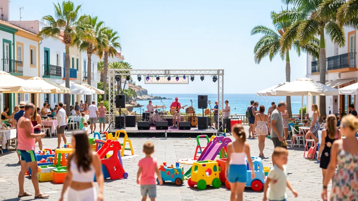 Imagen genérica de un evento de verano familiar al aire libre en la costa de Canarias, con ambiente festivo y elementos de entretenimiento.