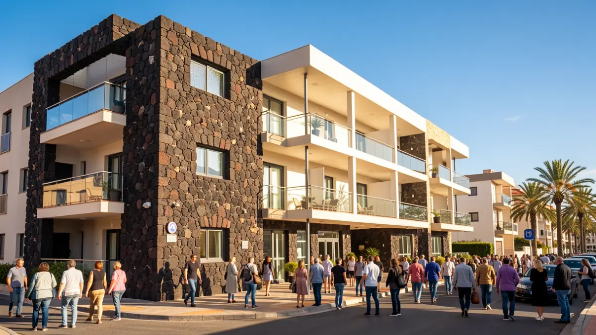 Facade of a public building in the Canary Islands with modern architecture and volcanic elements.