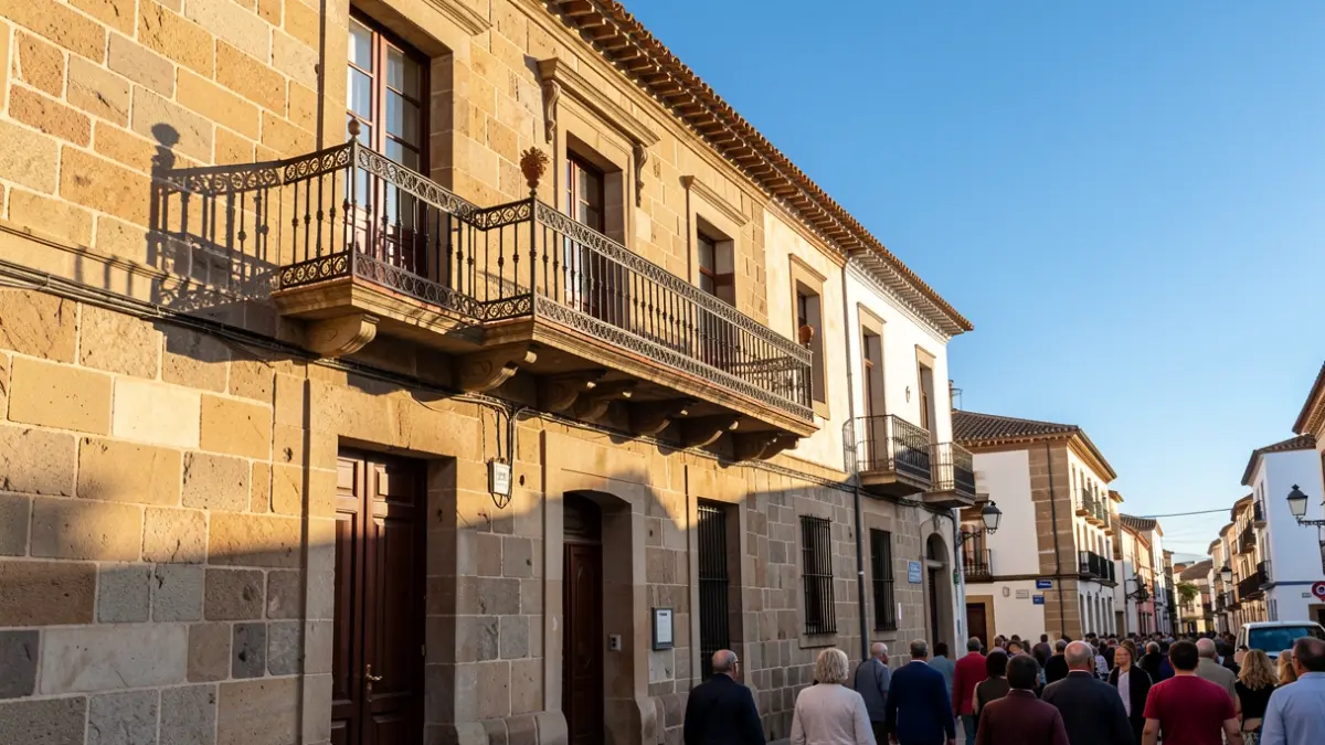 Stone facade of a Canarian town hall with an iron balcony under sunlight.