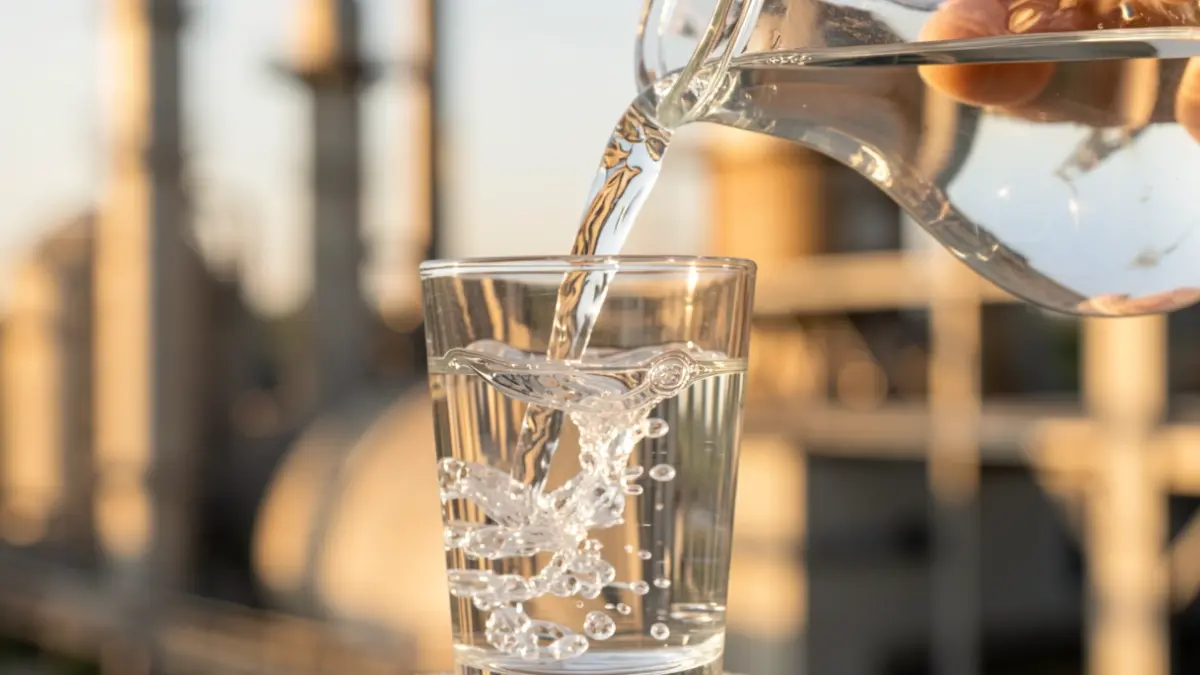 Image of a glass of fresh water being served in a professional setting.