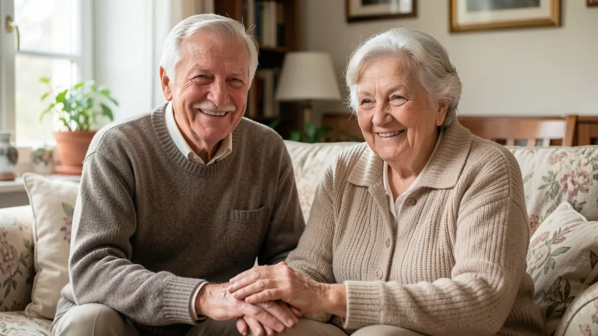 Generic image of an elderly couple smiling in their home.