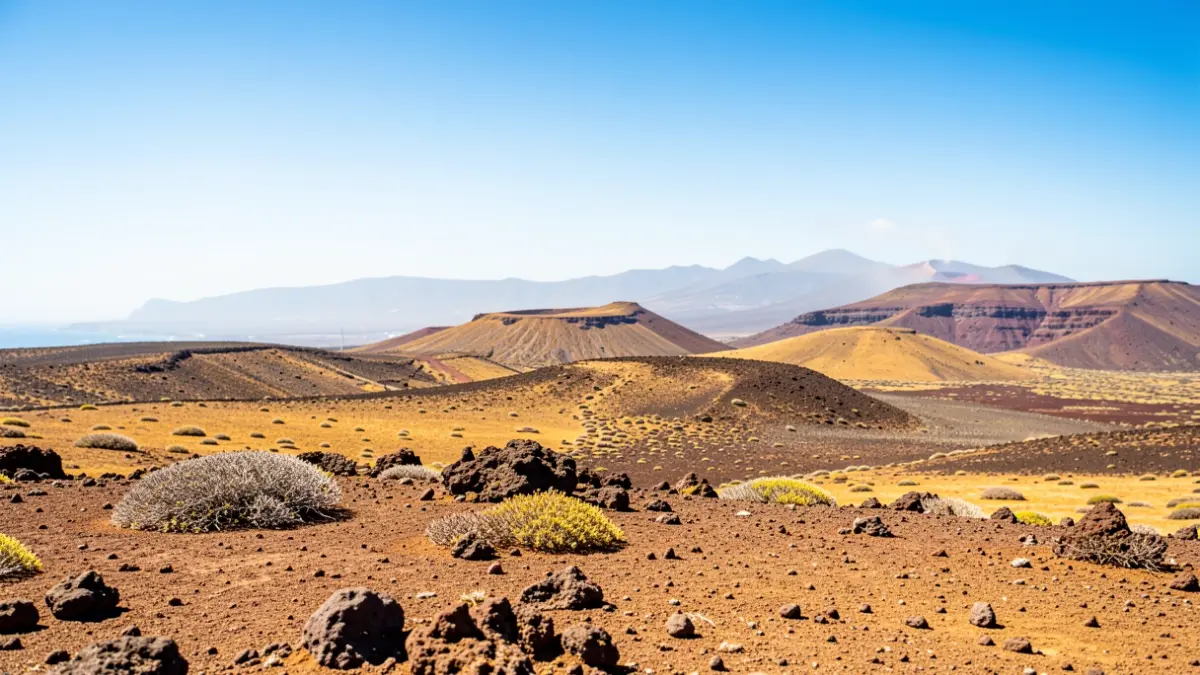 Canarian volcanic landscape with intense sun and light haze.