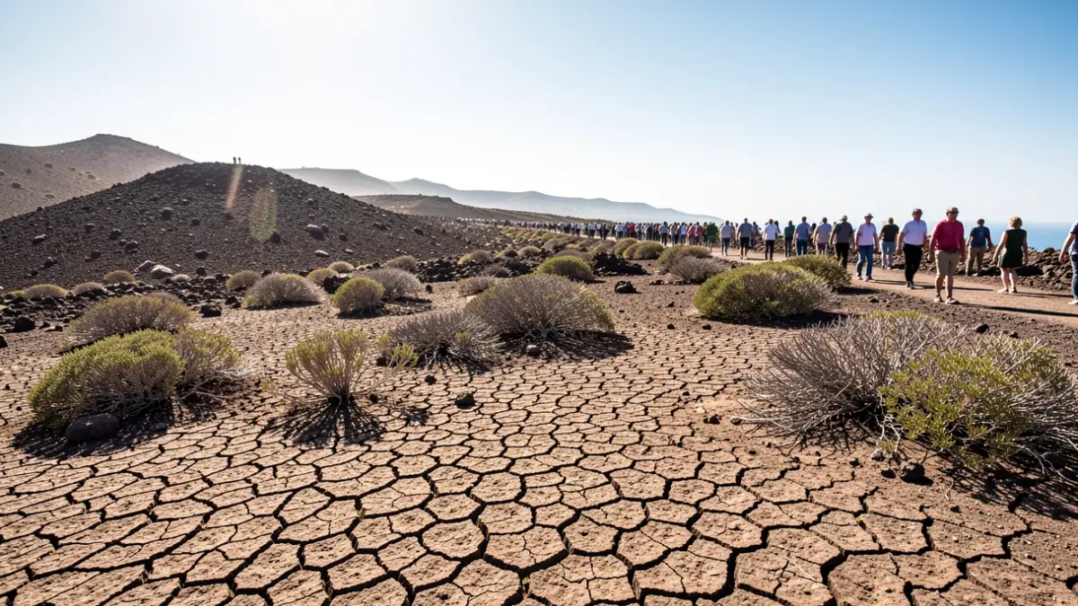 Volcanic landscape of the Canary Islands under a scorching sun, with cracked earth and sparse vegetation.