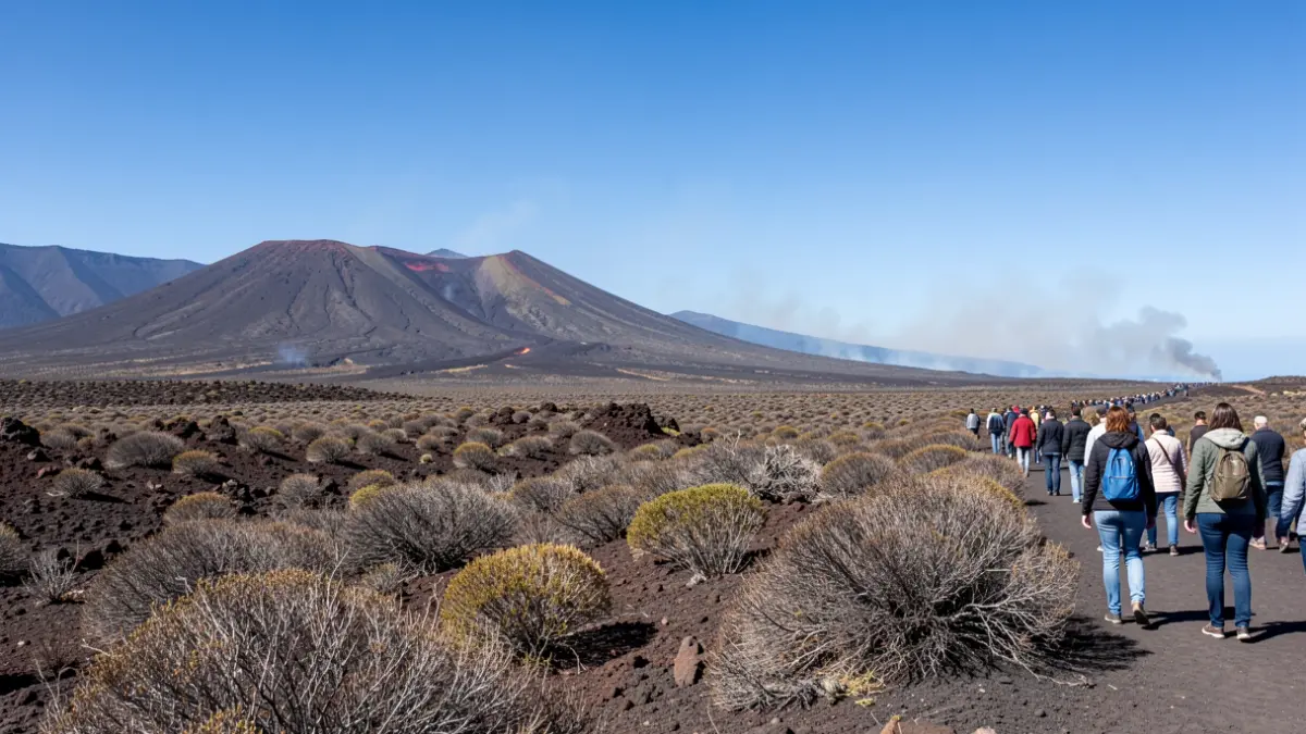 Paisaje volcánico de Tenerife con vegetación seca y cielo azul, representando alto riesgo de incendio.