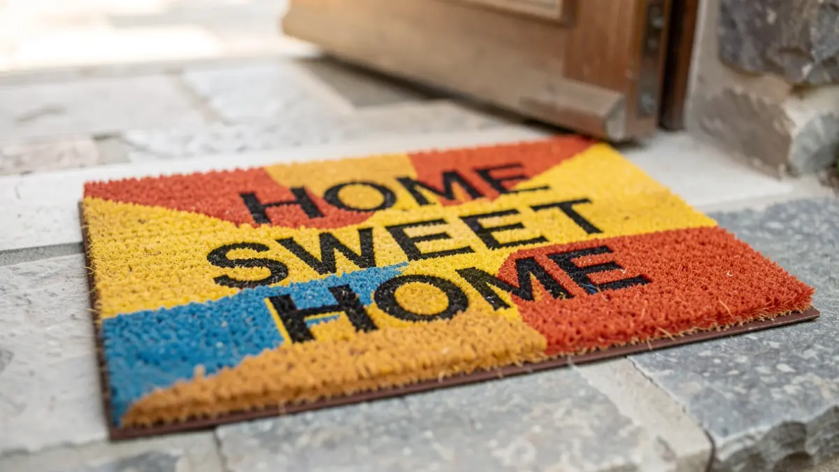 Felpudo con los colores de la bandera canaria y la inscripción 'Home VvEET Home' como metáfora de las viviendas vacacionales.