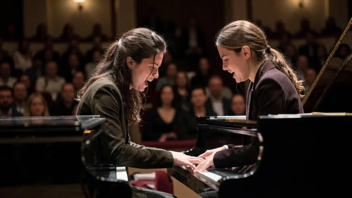 Imagen de una joven tocando el piano en un escenario.
