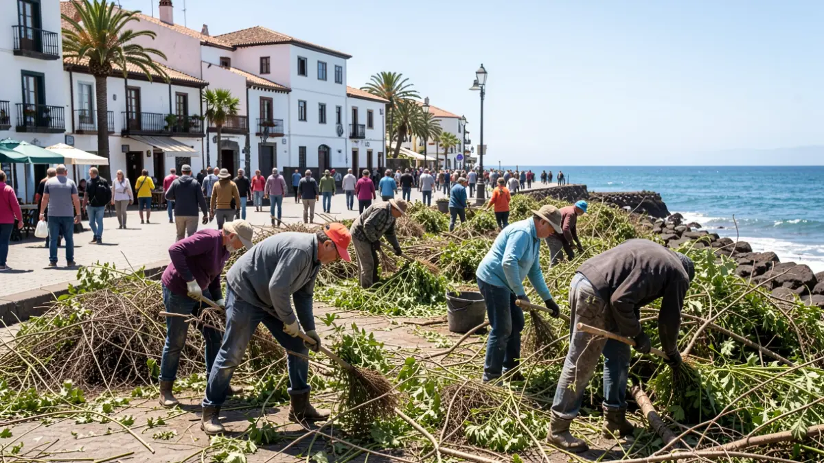 Team of workers cleaning vegetation and debris in Las Salinas del Carmen, Antigua.