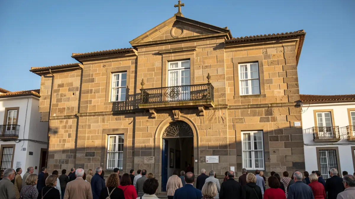 Fachada de un ayuntamiento canario tradicional con arquitectura de piedra y balcón ornamentado, bajo la luz del sol de la tarde.