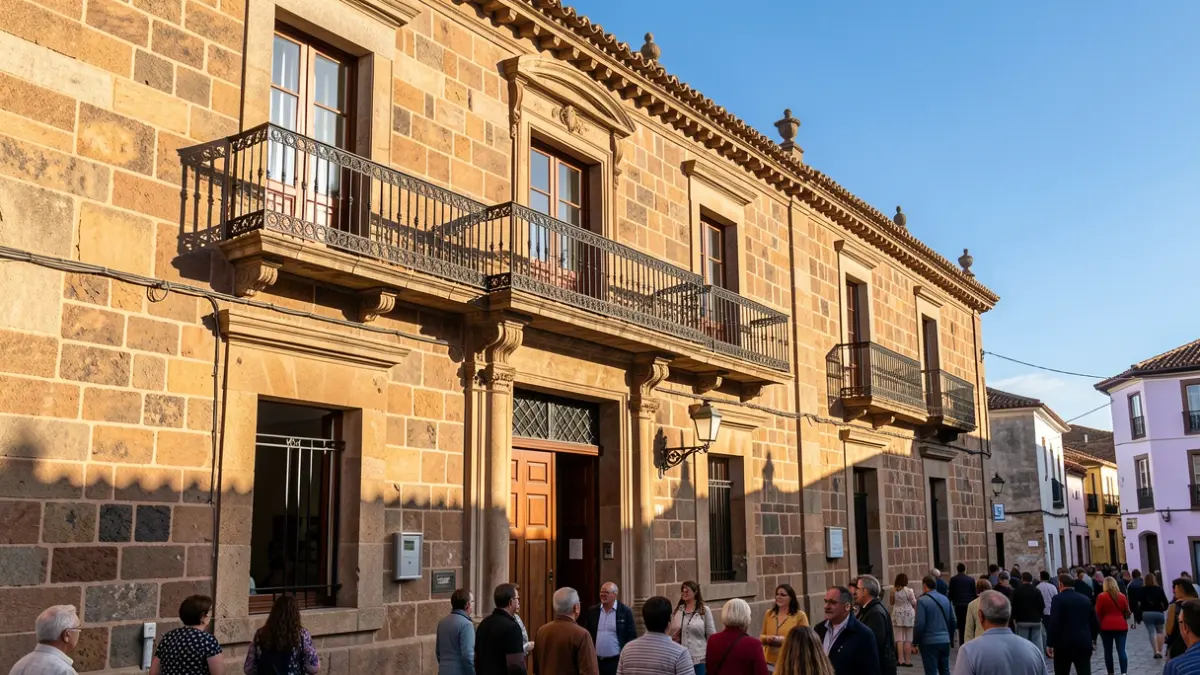 Facade of a traditional Canarian town hall with an iron balcony and afternoon light.