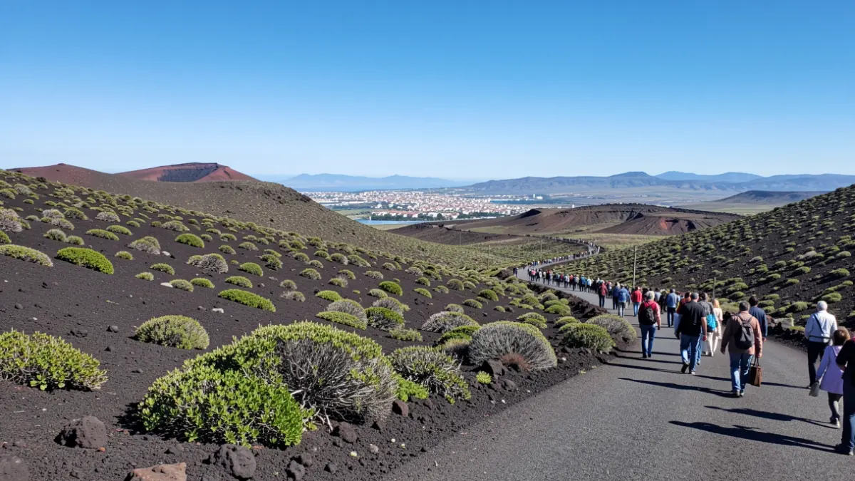 Canarian volcanic landscape with vegetation and road.
