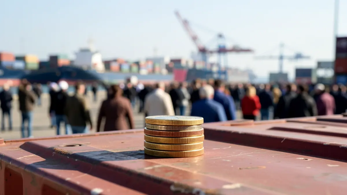 Generic image of euro coins on a cargo container in a port.