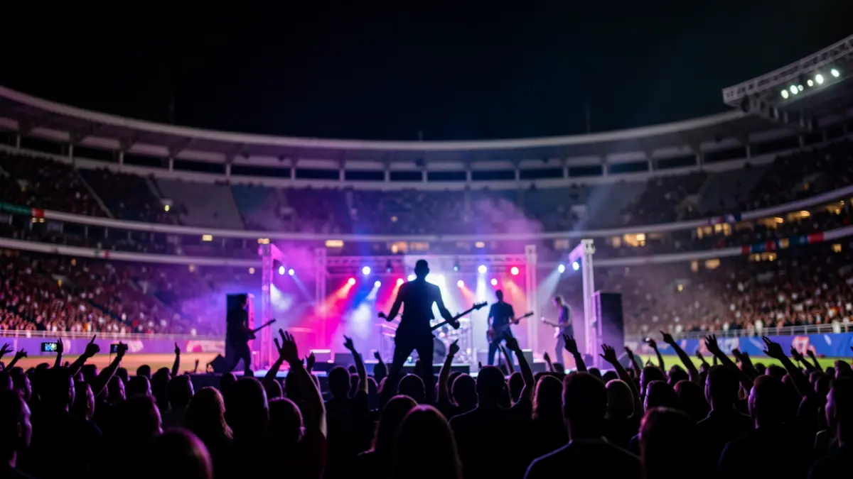 Escena de concierto en un estadio con luces y siluetas de músicos.