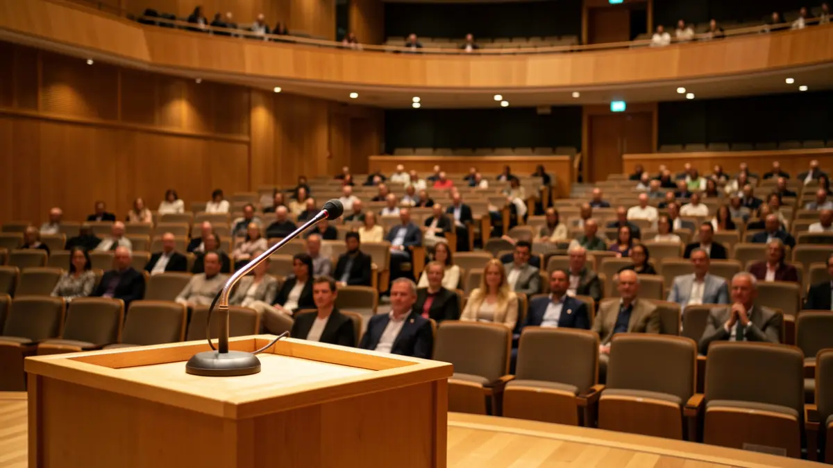 Interior view of the Infanta Leonor Auditorium prepared for an institutional event.