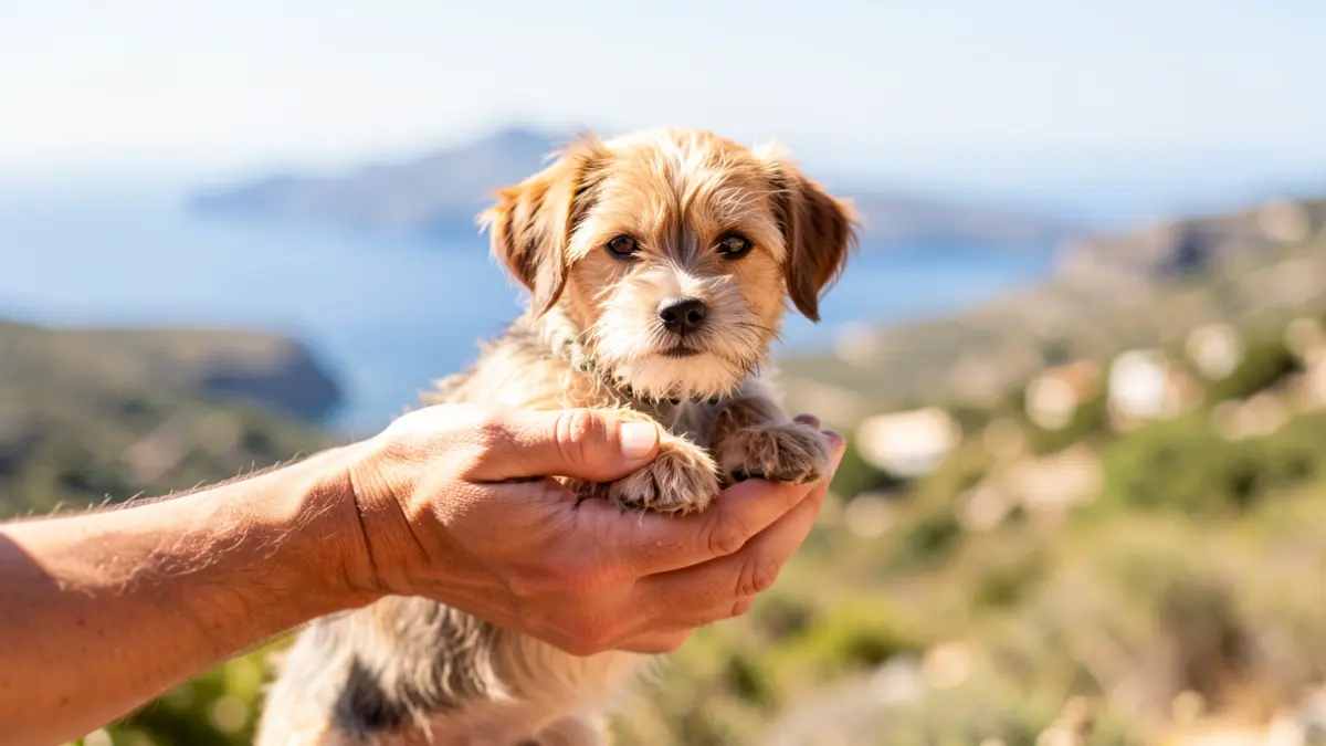 Hands caring for a dog in a natural Canary Islands setting.