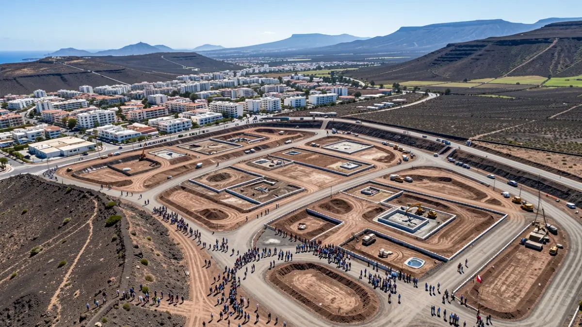 Aerial view of a large urban development area under construction in a sunny volcanic landscape in the south of Tenerife.