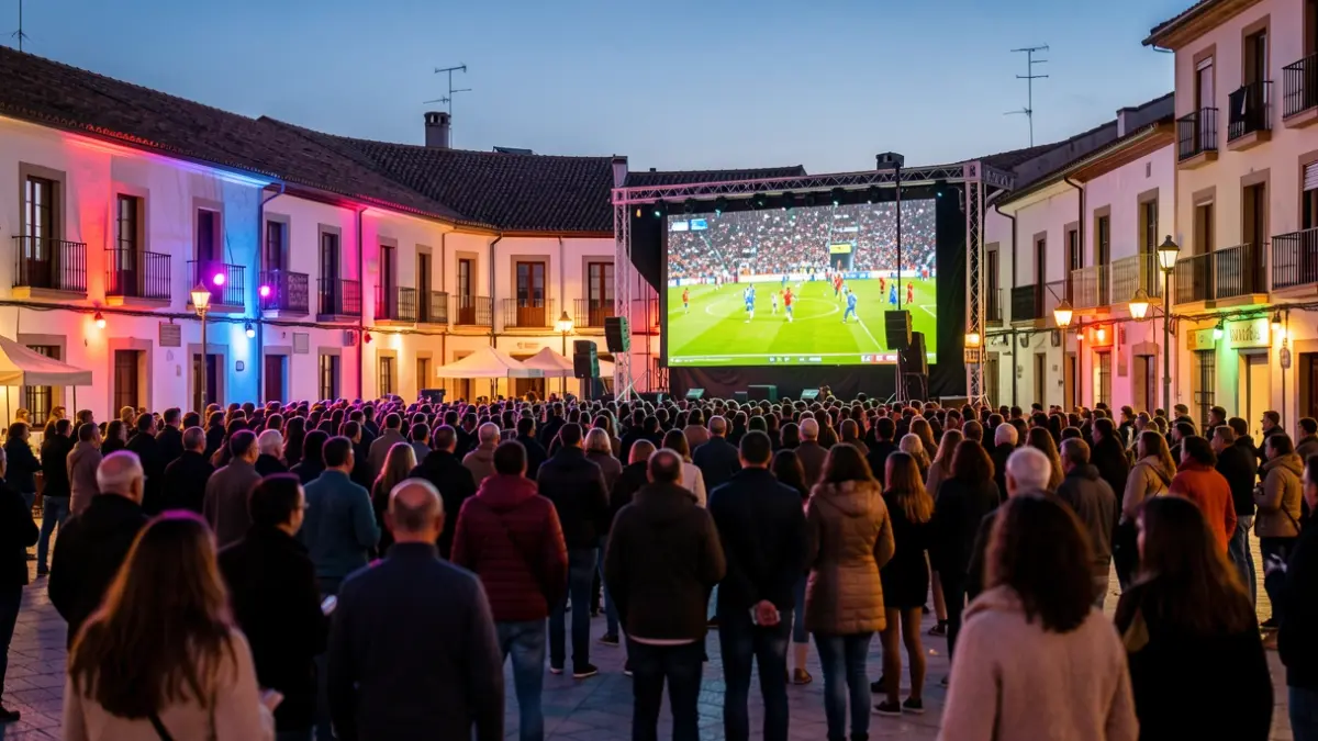 Imagen genérica de una multitud viendo un partido de fútbol en una plaza pública.