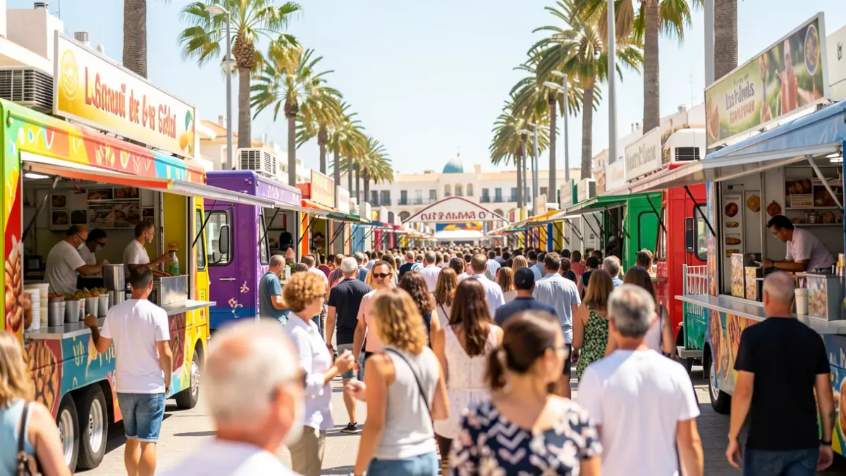 Imagen genérica de un festival gastronómico al aire libre en Las Palmas de Gran Canaria con food trucks y gente disfrutando.